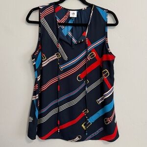 Cabi #5736 "Hold Up" sleeveless top in a navy, red, white belt print Sz. M